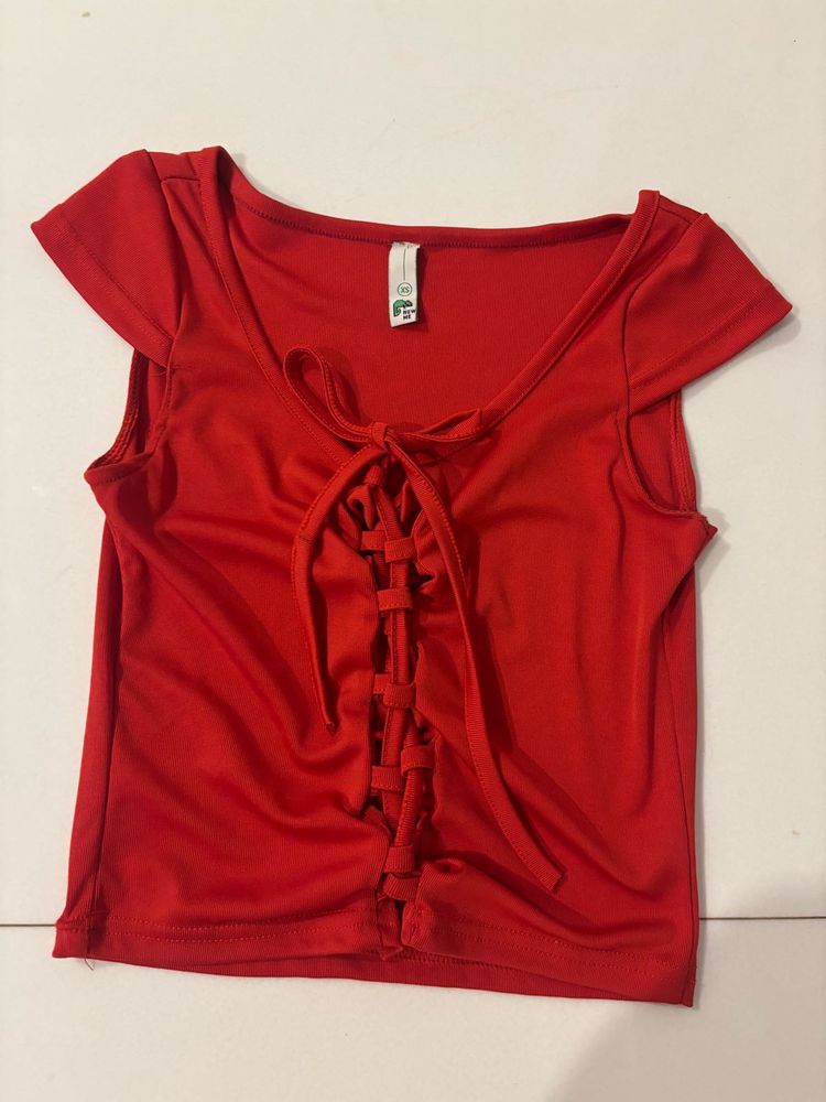Red preppy, tie up detail top