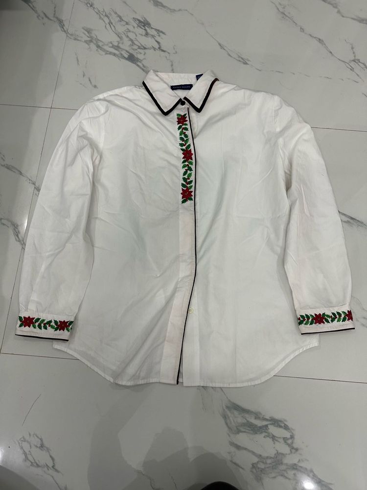 White Embroidered Button-Up Shirt