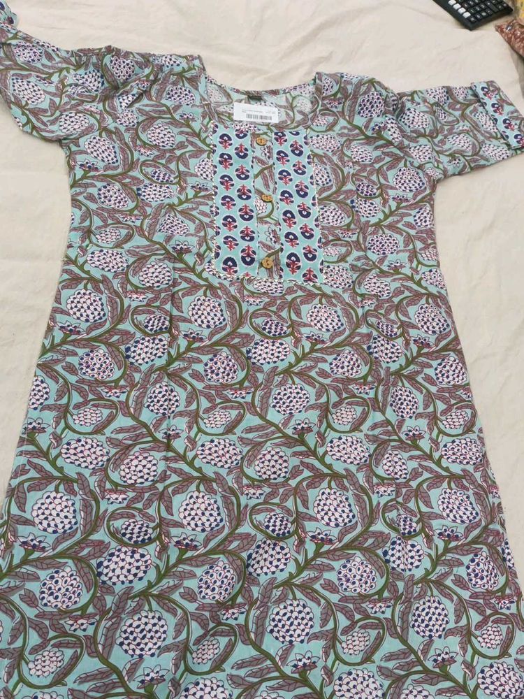Light Blue Floral Print Cotton Kurta