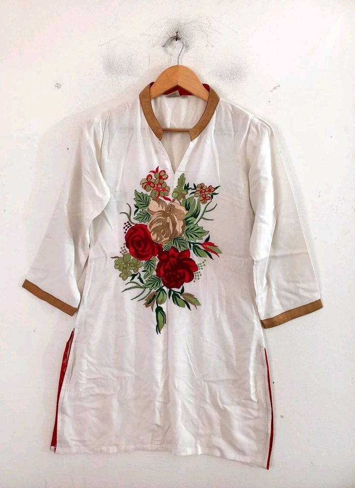 White With Floral Embroidered Kurtas (Women's)
