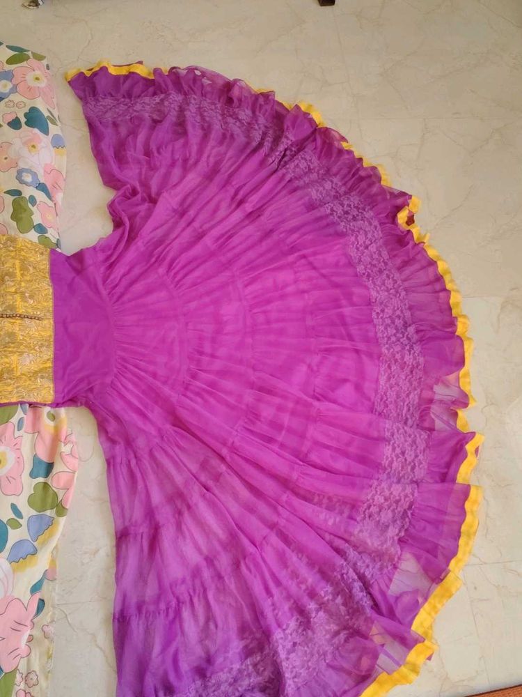 Girls Purple &amp; Yellow Anarkali Suit Set