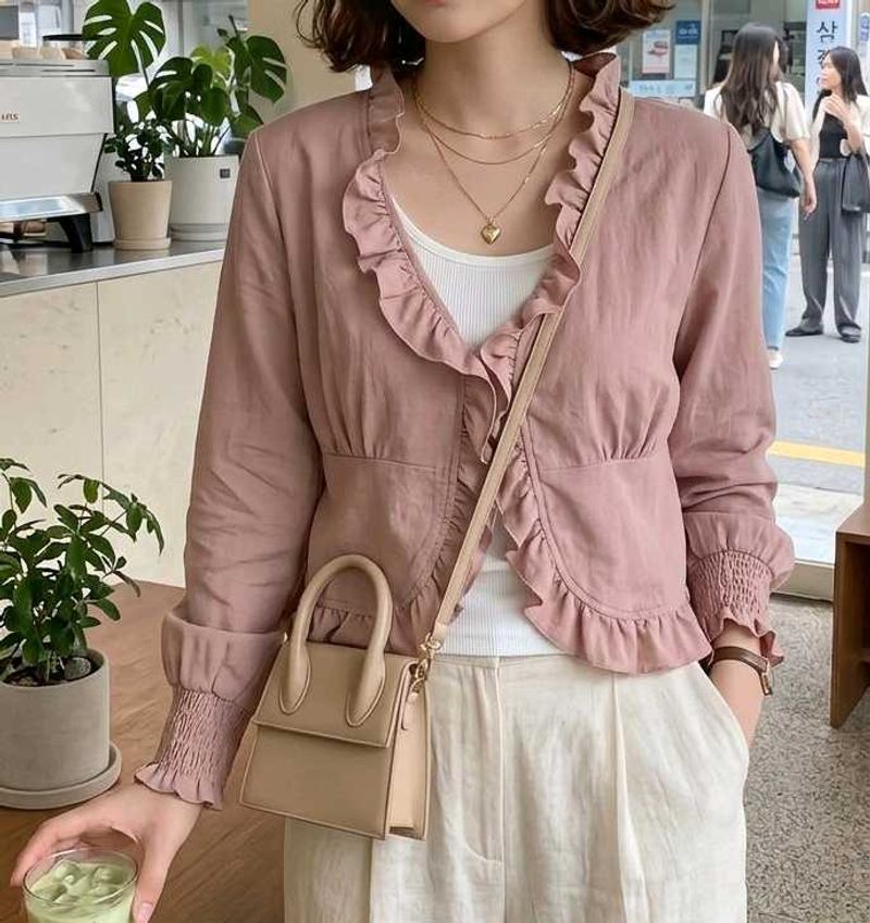 Chic Ruffled Pink Cropped Jacket