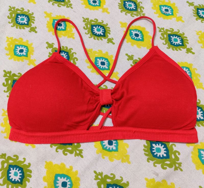 Red Butterfly Criss Cross Back Design Cotton Padded Bra