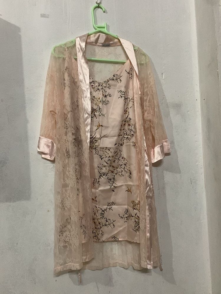Elegant Lace Robe with Floral Slip