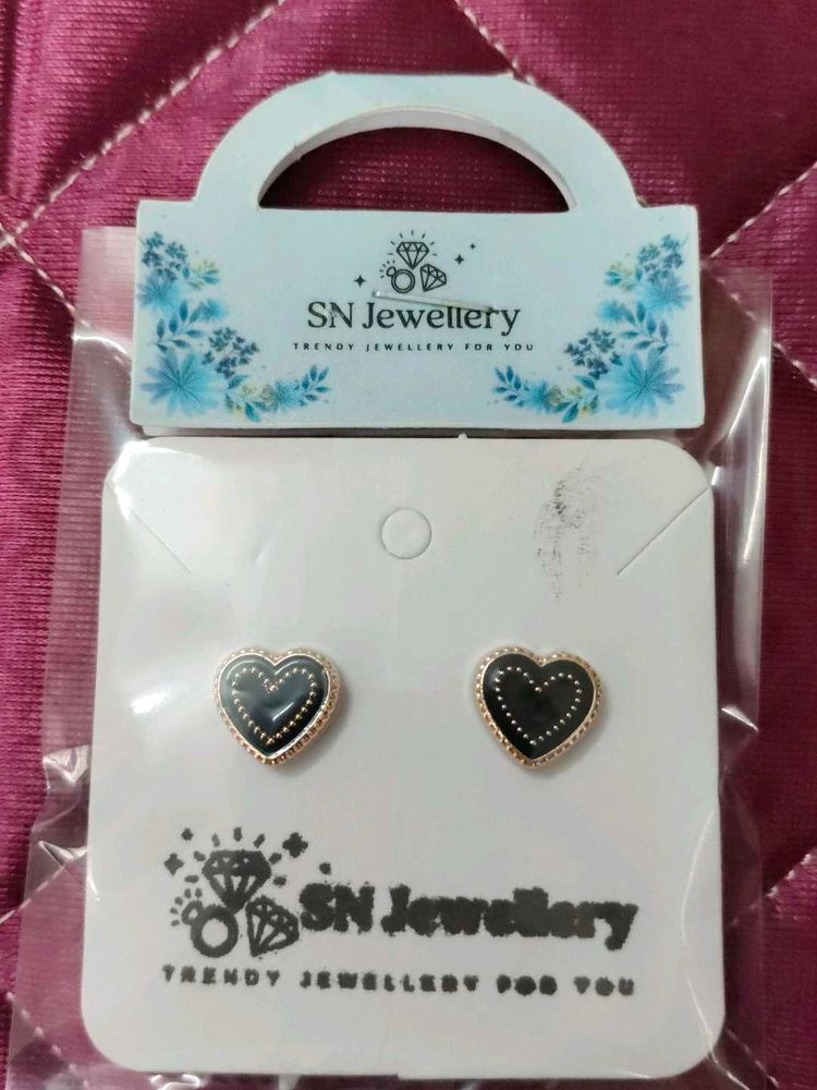 Heart-Shaped Black Enamel Earrings
