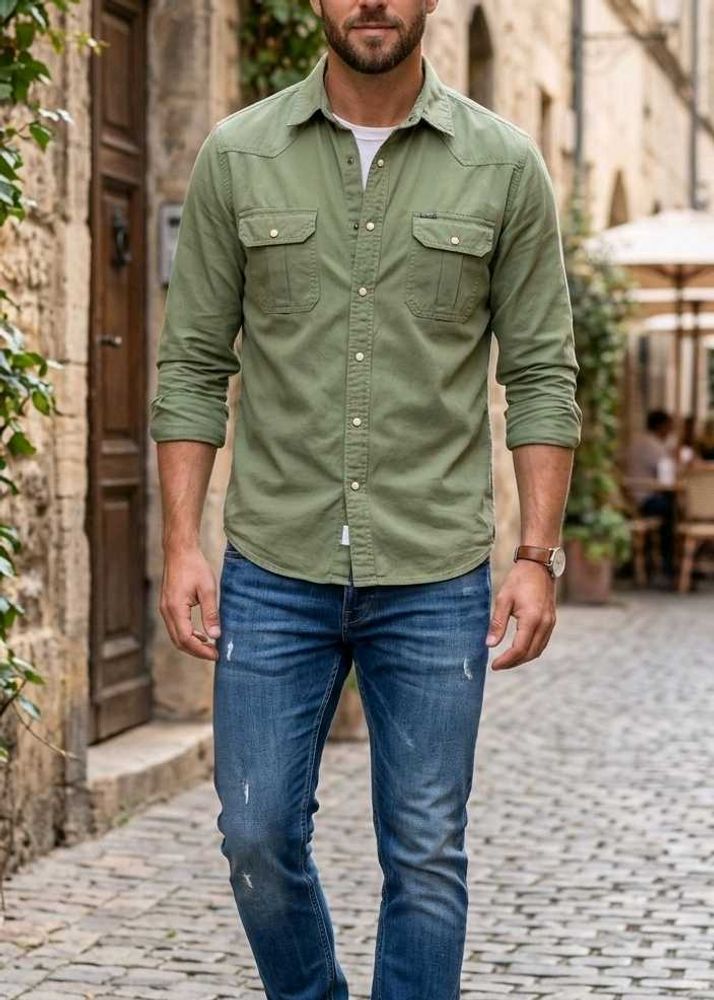 Men's Olive Green Western Shirt
