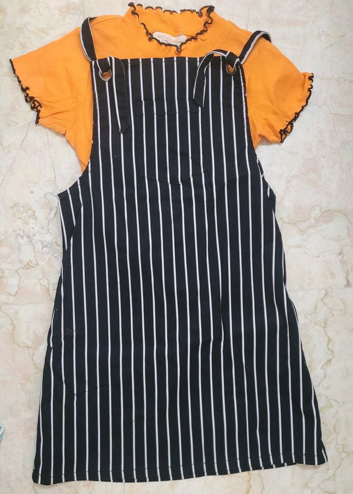Striped Pinafore Dress with Orange Top