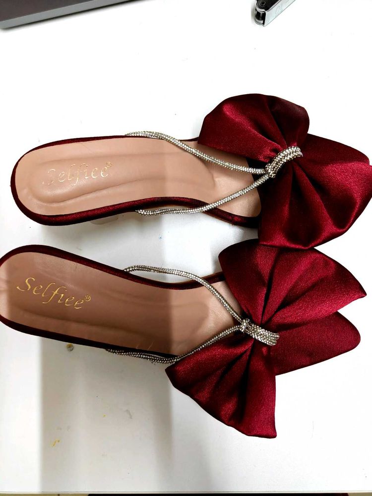 Burgundy Bow Slide Sandals
