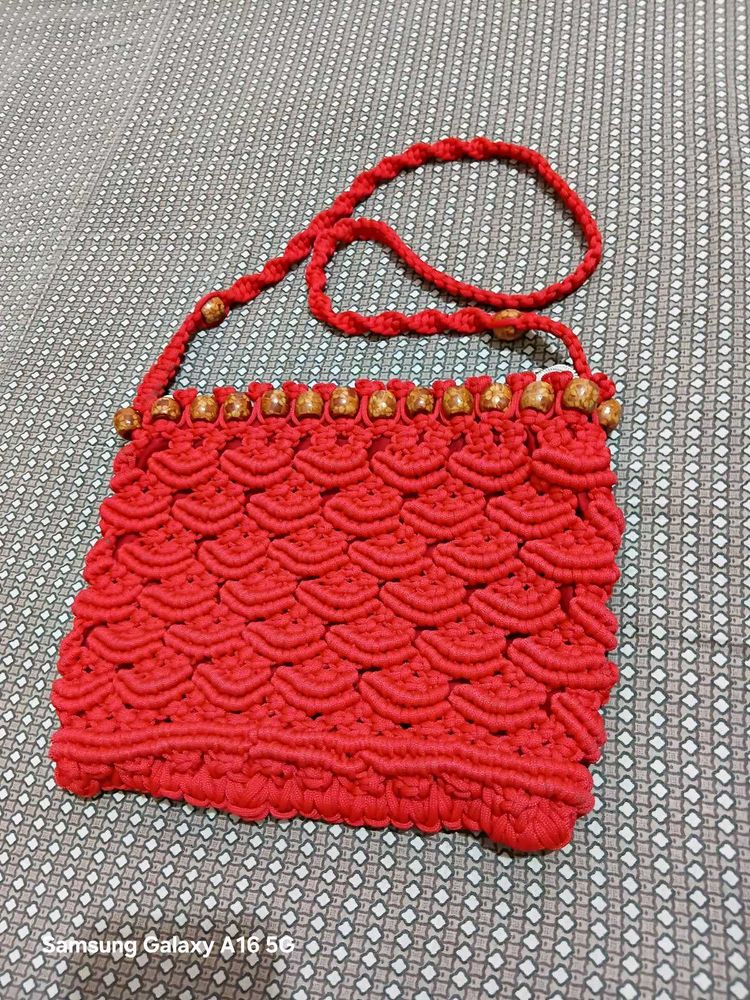 Red Macrame Sling Bag with Beads