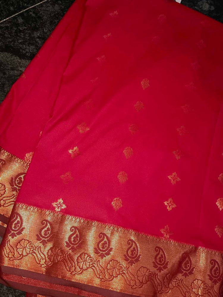 Vibrant Red Saree with Gold Border