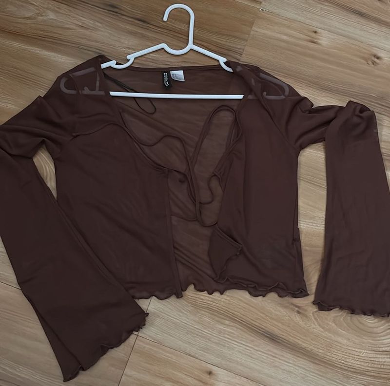 Sheer Brown Mesh Long Sleeve Top
