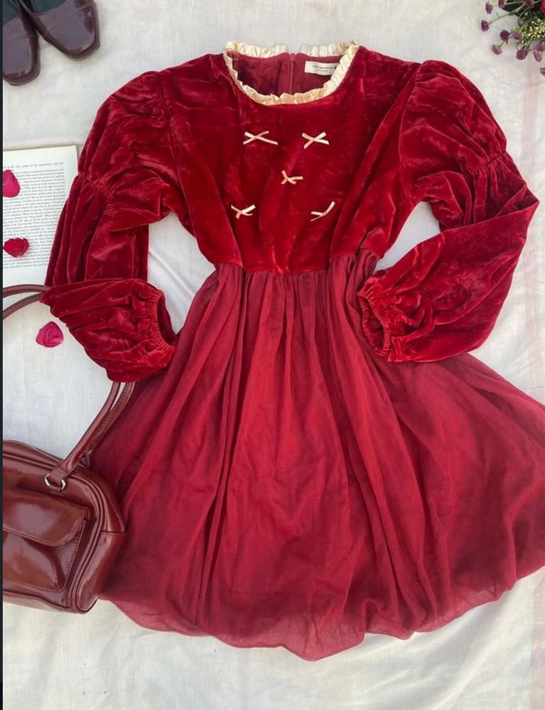 Maroon Puff sleeve Velvet coquette dress
