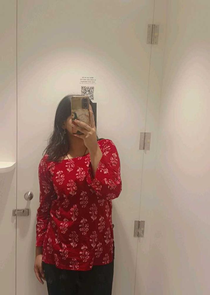 Red Block Print Kurta