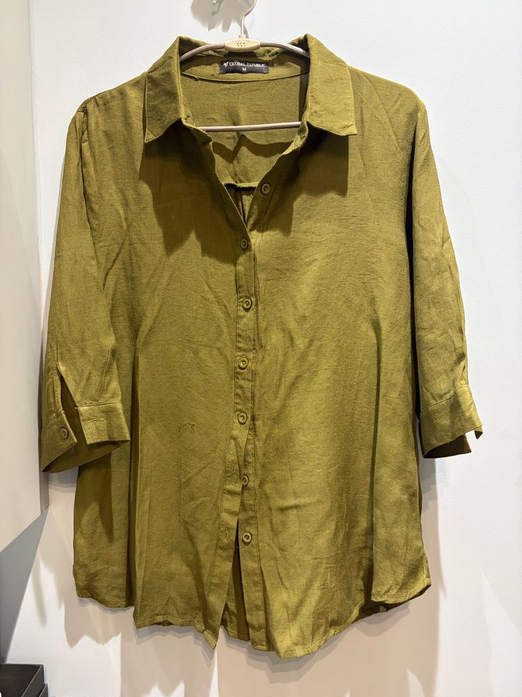 Olive Green Collared Button-Up Top