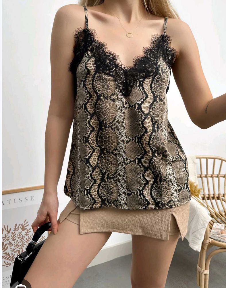 Snake Print Lace Trim Cami Top