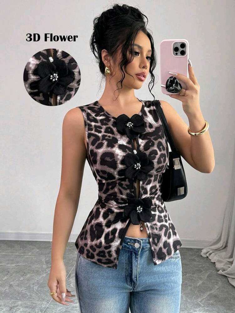 pink Leopard Print Flower Top