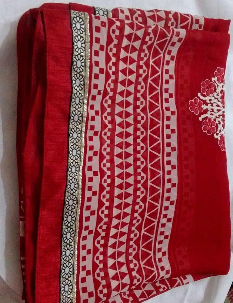 White Bordered Red Embroidered Saree
