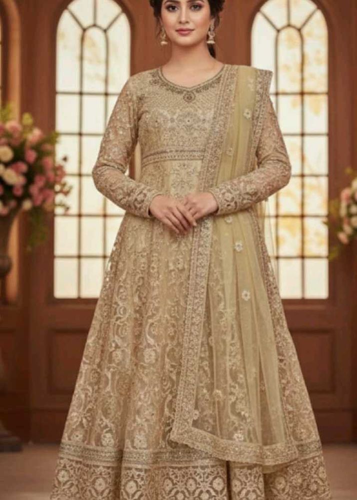 unstitched Elegant Golden Anarkali Suit