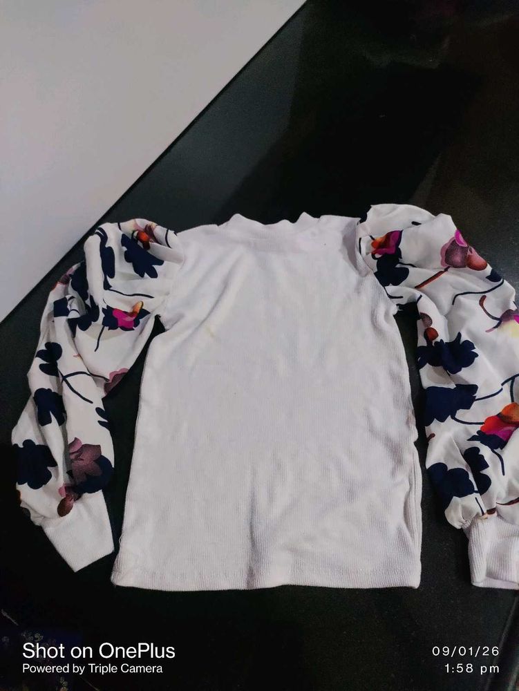 White Puff Sleeve Top with Floral Print