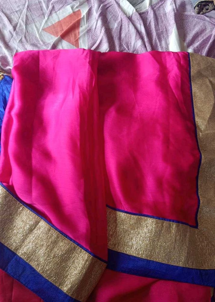 Vibrant Pink Saree with Gold Border