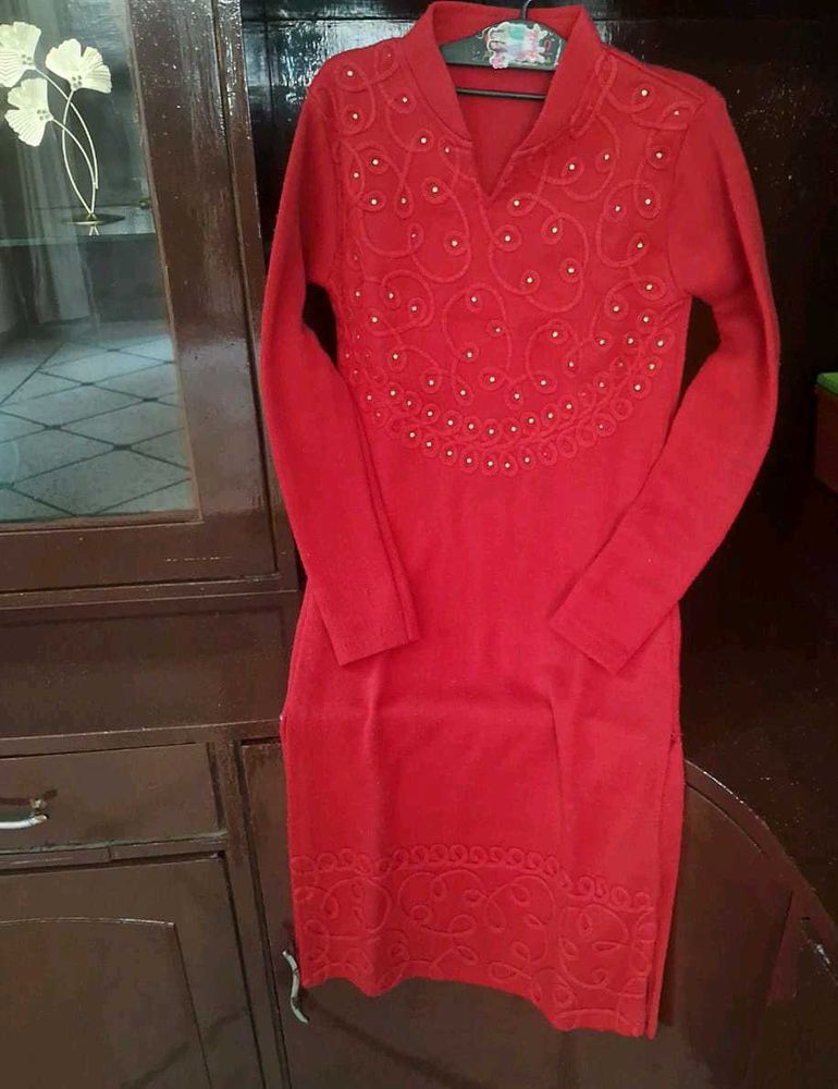 Stunning Red Embroidered  Woolen Kurta