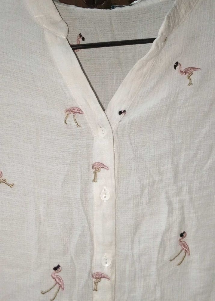 White Embroidered Flamingo Top