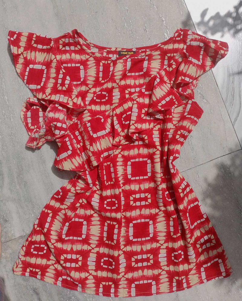 Red &amp; Beige Geometric Print Ruffle Top
