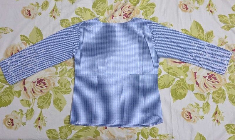 Blue Gingham Checks Embroidered Top