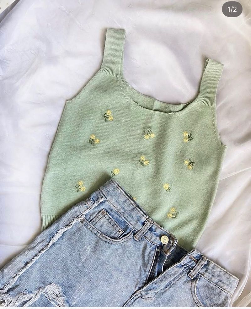 Mint Green Floral Knit Tank Top