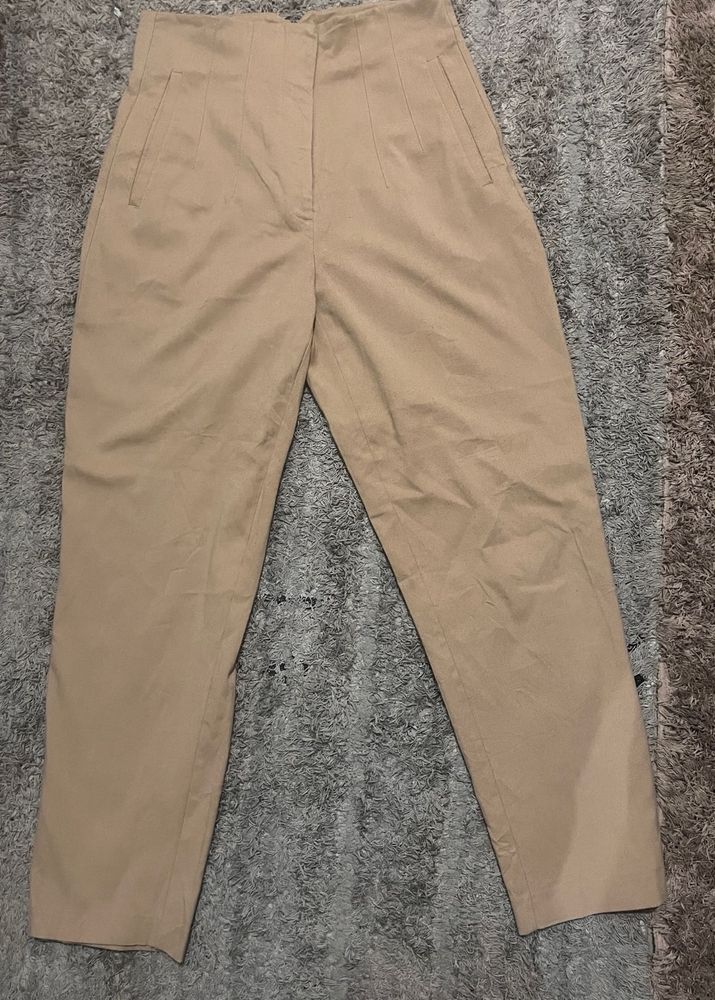 Zara High-Waisted Beige Darted Trousers