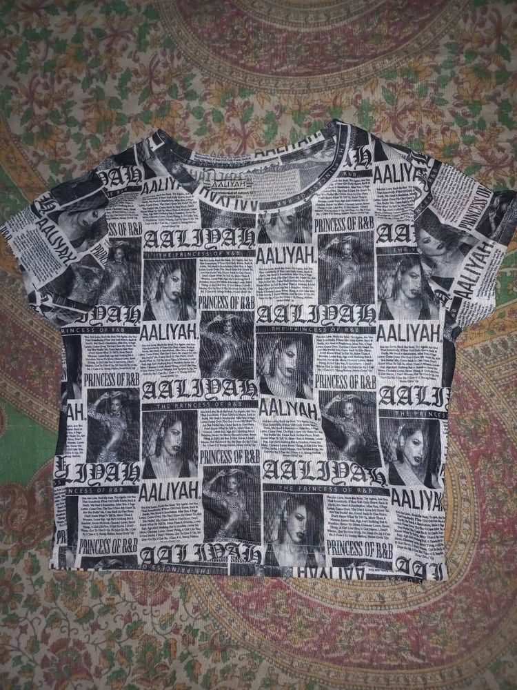 Aaliyah Newspaper Print Cropped Top