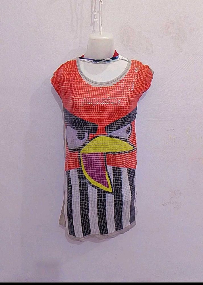 Quirky Bird Print Sequined Tunic
