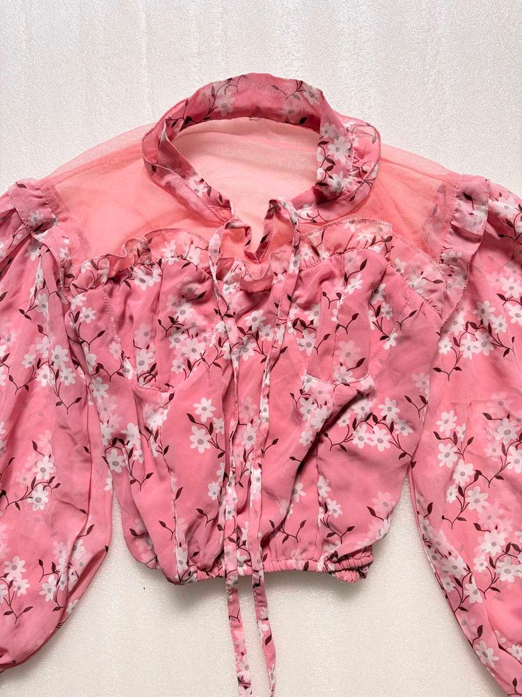 Chic Pink Floral Puff Sleeve Top