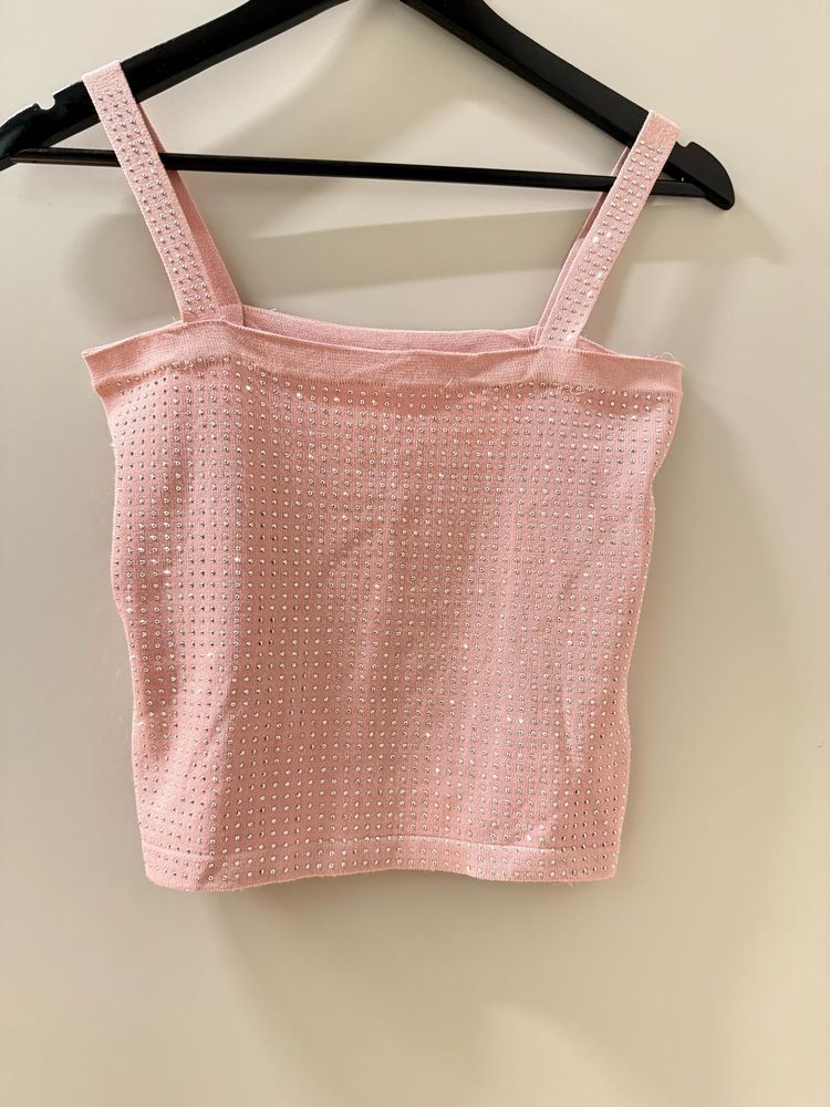 Pink Rhinestone Crop Tank Top