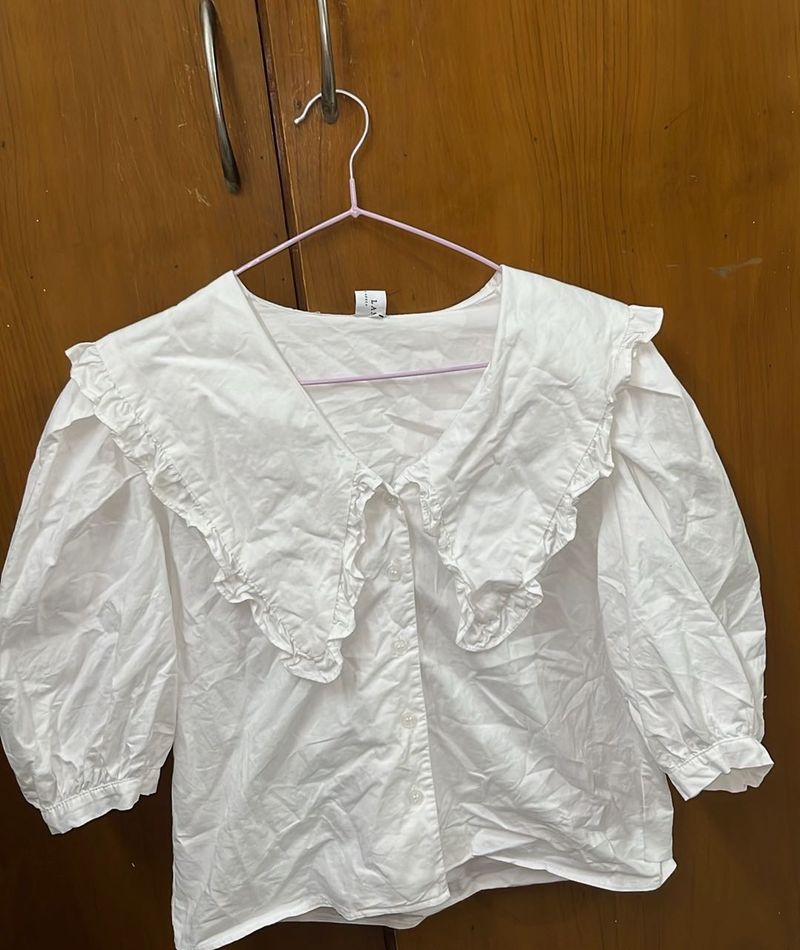 Chic White Puff Sleeve Ruffle Collar Top