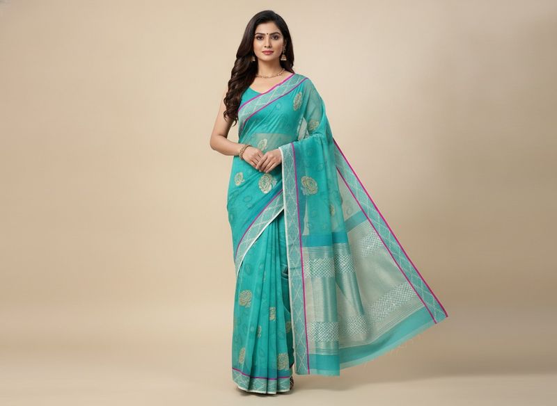 Beautiful Teal Saree with Floral Print