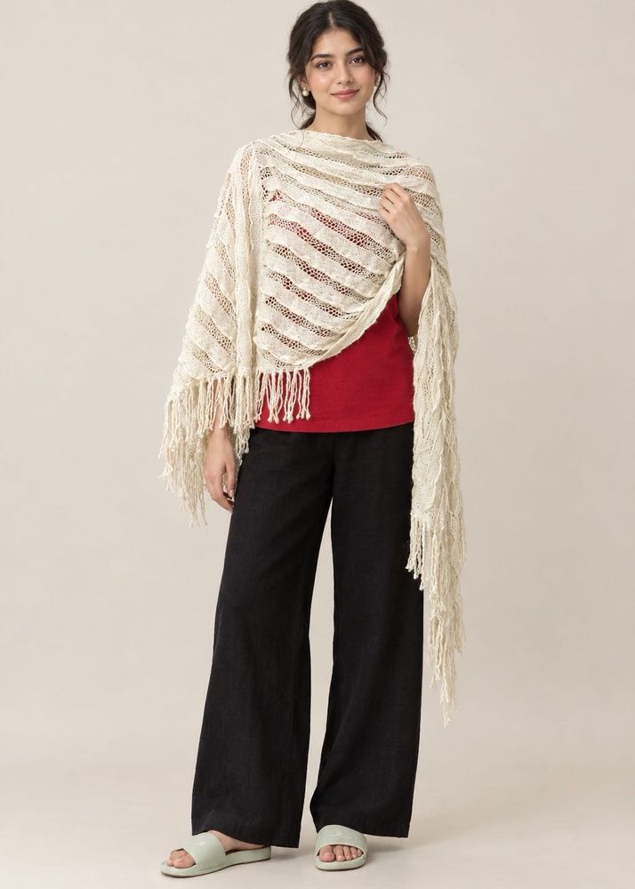 Cream Crochet Fringe Scarf