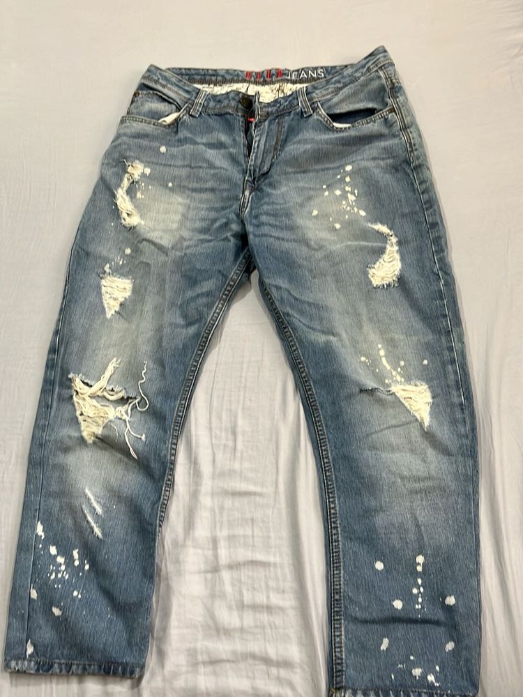 ELLE Distressed Blue Jeans with Paint Splatter