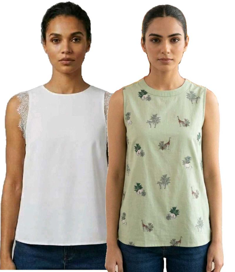(COMBO) Animal Print + Lace trimmed Sleeveless Top