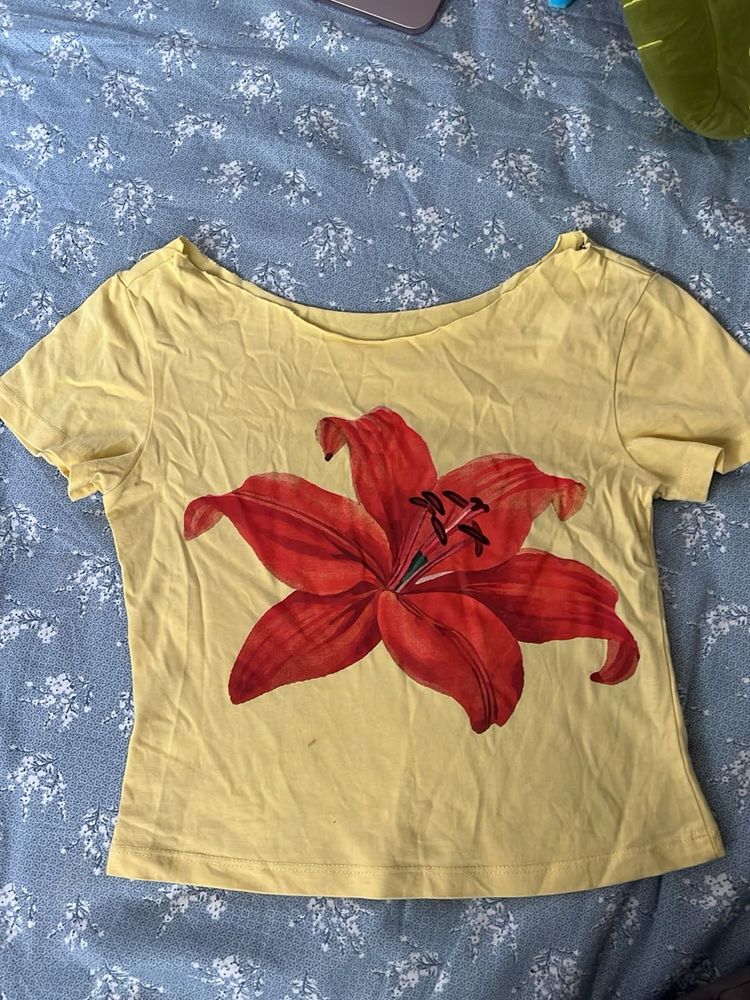 Yellow T-Shirt with Red Lily Graphic