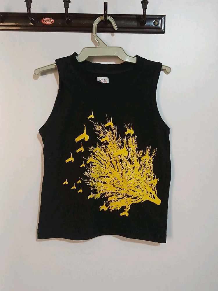 Black Sleeveless T-Shirt with Yellow Print
