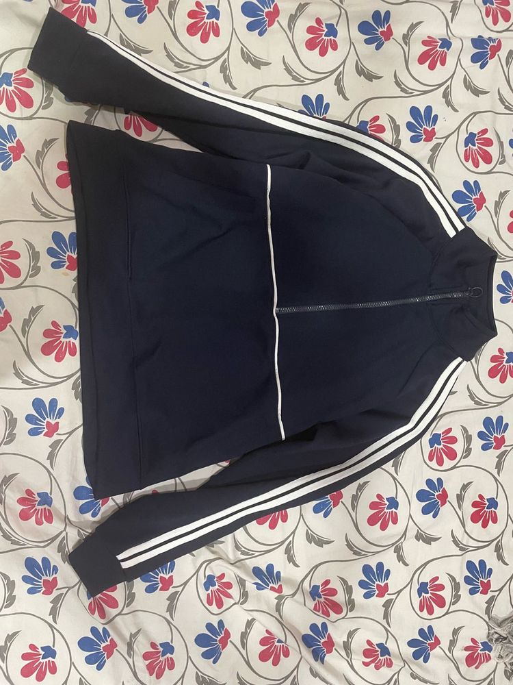 Navy Blue Track Jacket with White Stripes
