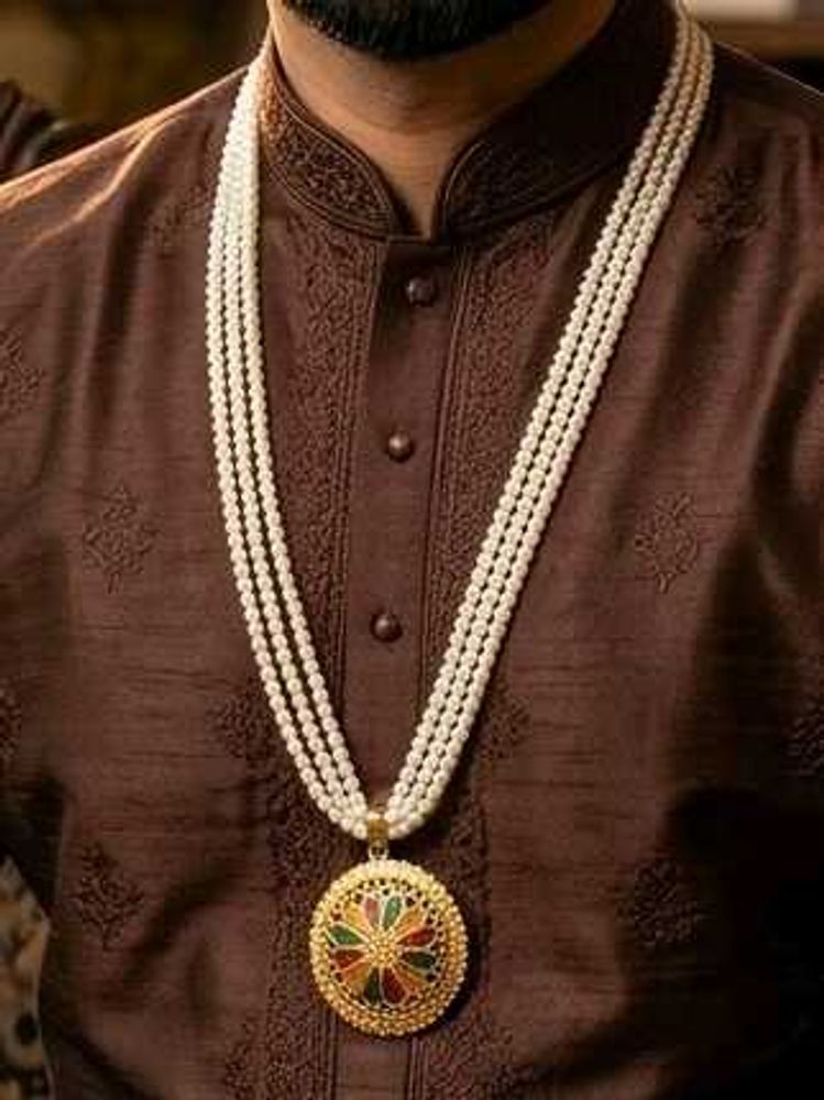Men's Faux Pearl Necklace with Gold Plated Pendant