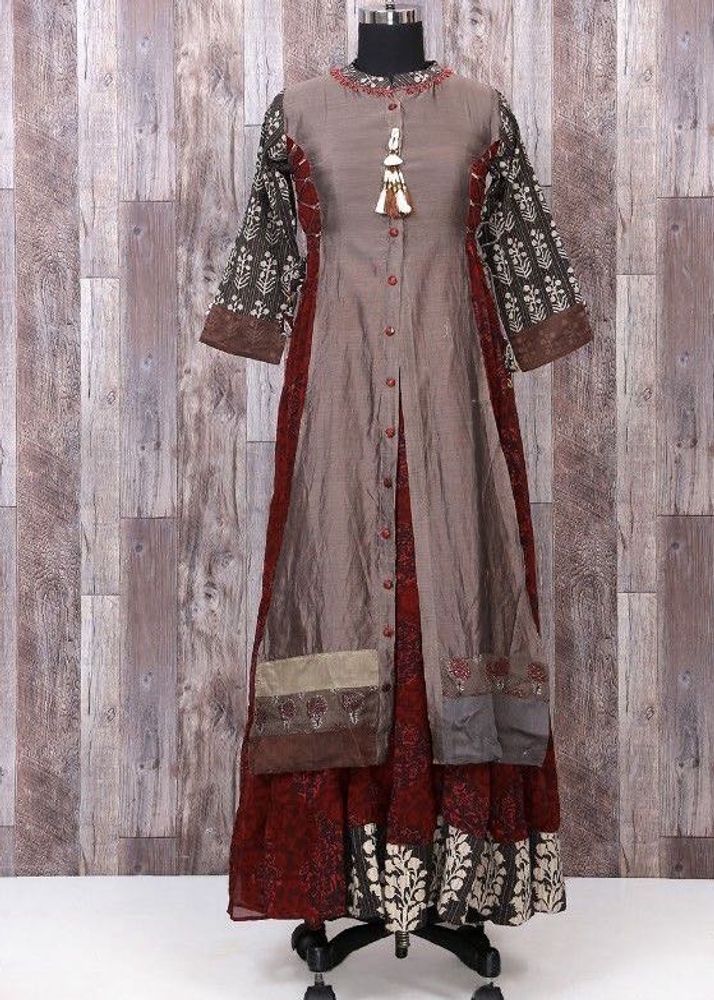 double layerd chanderi kantha work long dress