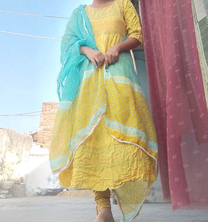 Yellow Printed Kurta Set with Dupatta