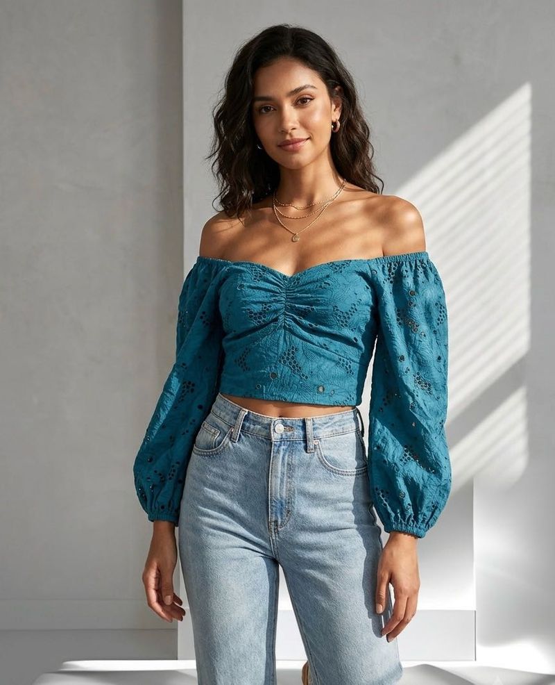 Teal Off-Shoulder Embroidered Top