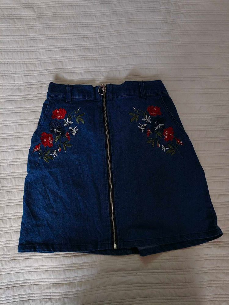 Denim Mini Skirt with Floral Embroidery