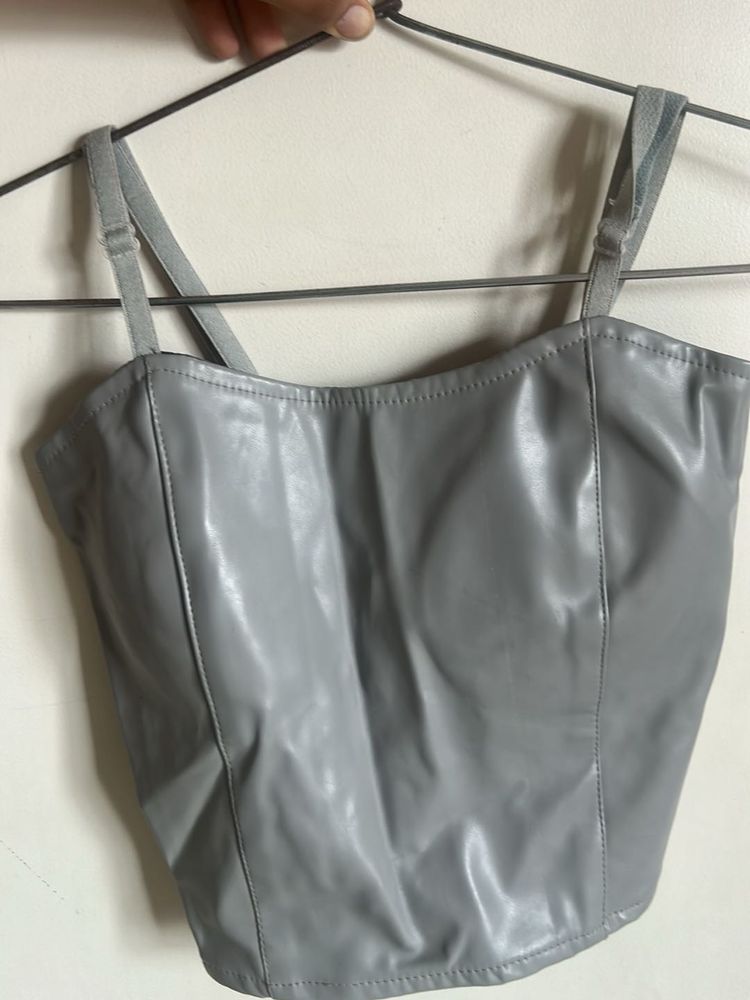 Grey Faux Leather Corset Top