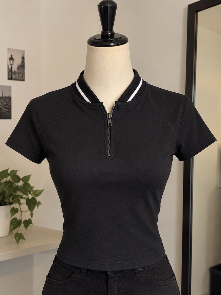 Black Zip-Up Collared Top