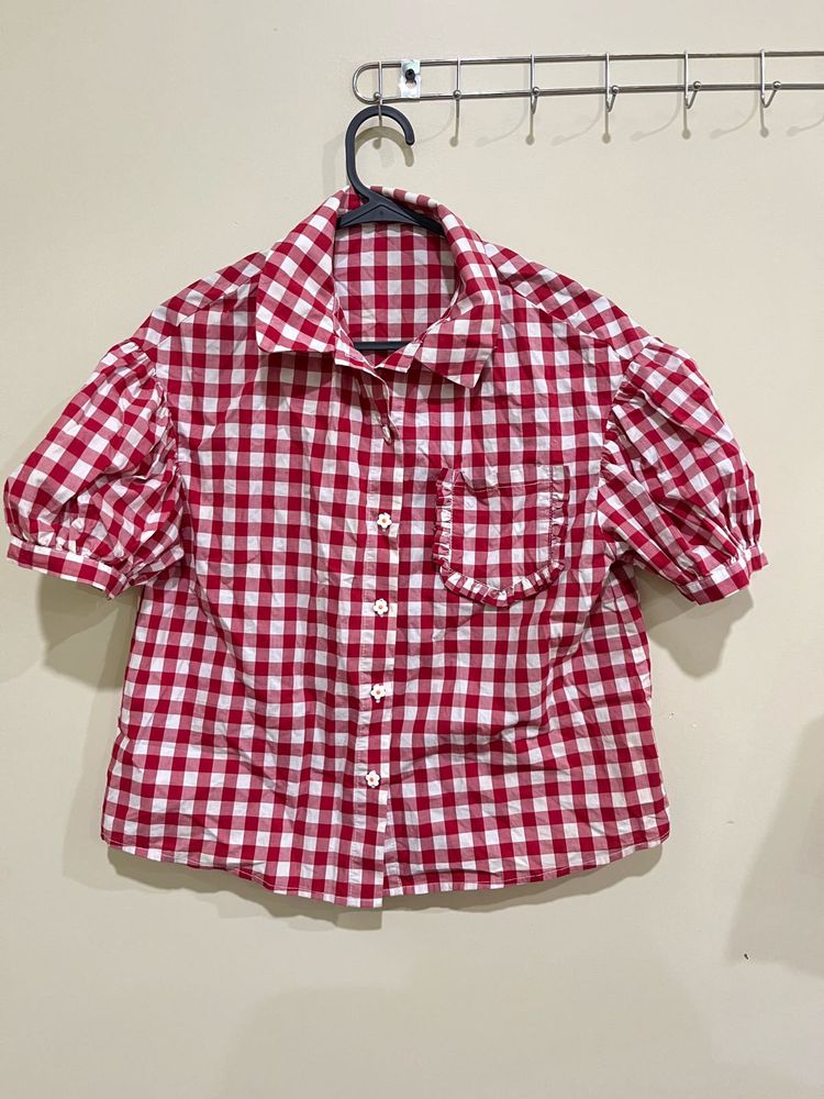 Red Gingham Puff Sleeve Shirt
